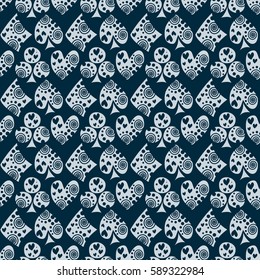 Seamless vector pattern with icons of playings cards. background with hand drawn symbols. Decorative repeat ornament. Series of Gaming and Gambling Seamless vector Patterns.