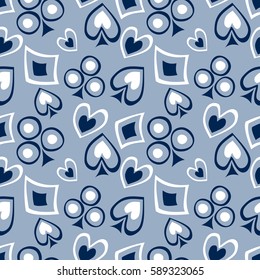 Seamless vector pattern with icons of playings cards. background with hand drawn symbols. Decorative repeat ornament. Series of Gaming and Gambling Seamless vector Patterns.