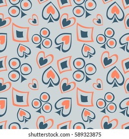 Seamless vector pattern with icons of playings cards. background with hand drawn symbols. Decorative repeat ornament. Series of Gaming and Gambling Seamless vector Patterns.