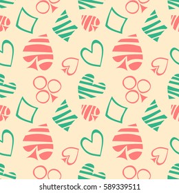 Seamless vector pattern with icons of playings cards. Yellow background with hand drawn symbols. Decorative repeat ornament. Series of Gaming and Gambling Seamless vector Patterns.