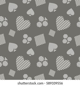Seamless vector pattern with icons of playings cards. Grey background with hand drawn symbols. Decorative repeat ornament. Series of Gaming and Gambling Seamless vector Patterns.
