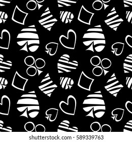 Seamless vector pattern with icons of playings cards. Black and white background with hand drawn symbols. Decorative repeat ornament. Series of Gaming and Gambling Seamless vector Patterns.