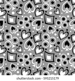 Seamless vector pattern with icons of playings cards. background with hand drawn symbols. Decorative repeat ornament. Series of Gaming and Gambling Seamless vector Patterns.