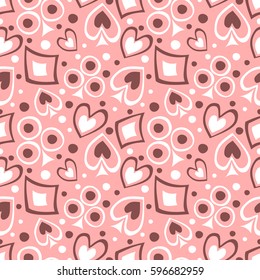 Seamless vector pattern with icons of playings cards. background with hand drawn symbols. Decorative repeat ornament. Series of Gaming and Gambling Seamless vector Patterns.