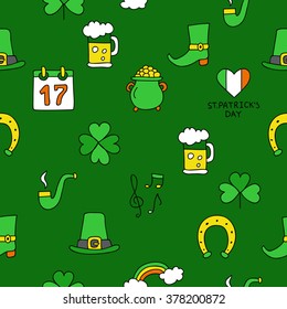 Seamless vector pattern of the icons St. Patrick on a green background.