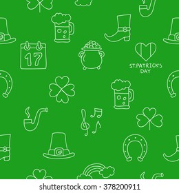 Seamless vector pattern of the icons St. Patrick on a green background.