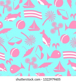 Seamless vector pattern with icons of summer vacation boat, palm trees, sunglasses, ball, whale, Dolphin, umbrella on blue background