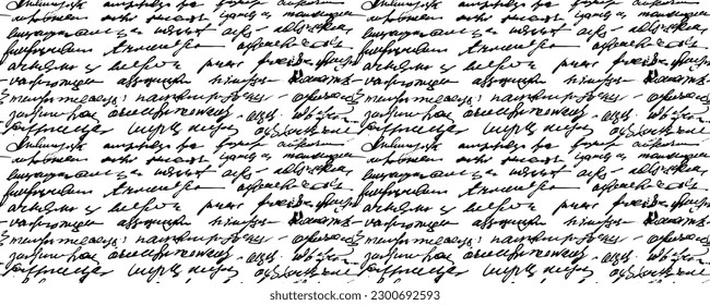 Seamless vector pattern with illegible text, abstract vintage background of illegible ink-written poetry.  Sweeping handwriting with  words. Vector illustration of a poetic work written by a pen.  