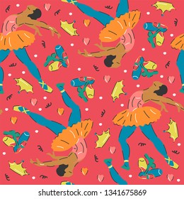 Seamless vector pattern with illustrated ballerina. Bright background for textiles or paper.