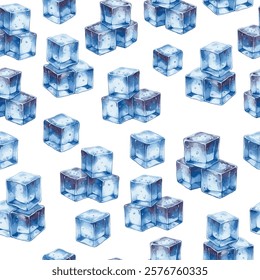 Seamless vector pattern with illustrater watercolor ice cubes on white background