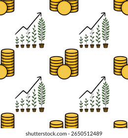 Seamless vector pattern illustrating financial growth, depicted with stacks of gold coins and potted plants progressing in size, symbolizing investment returns and prosperity.