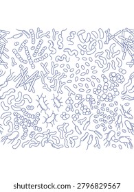 Seamless vector pattern illustrating human gut microbiota and microflora. Features blue line art icons of healthy probiotic bacteria, viruses, and microbes. Perfect for medical, scientific, and digestive health designs.