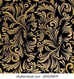 Seamless vector pattern. Illustration of abstract ornament, gold foil printing on black background.