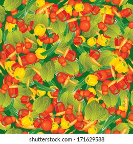 Seamless vector pattern illustration background for your kitchen with vegetables: pepper, tomato, dill, cabbage, onions, carrots on green
