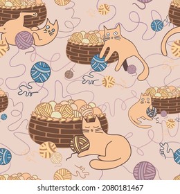 Seamless vector pattern illustration card of cartoon cat playing with ball of threads and a basket in pastel tones. The design is perfect for decorations, textiles, wrapping paper, wallpaper