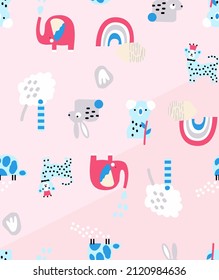 seamless vector pattern illustration cute baby animals, elephant, lions, koala, rainbow and many things.