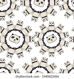 Seamless vector pattern illustration of decorative vignette frame of cartoon panda bears in black and white. The design is perfect for stickers, logos, icons, decorations, invitations, packaging.