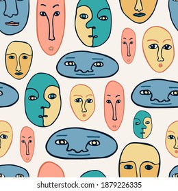Seamless vector pattern illustration design of abstract colorful abstract faces in pastel colors. The design is perfect for stickers, packages, decorations, textiles, surfaces, stationary