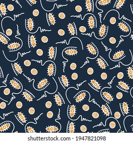 Seamless vector pattern illustration design of lined abstract faces in pastel colors on dark blue. The design is perfect for stickers, packages, decorations, textiles, surfaces, stationary