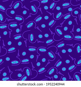 Seamless vector pattern illustration design of lined abstract faces in dark purple tones. The design is perfect for stickers, packages, decorations, textiles, surfaces, stationary