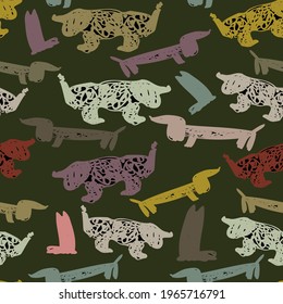 Seamless vector pattern illustration design of cute hand drawn sketched dogs in pastel colors on dark green. The design is perfect for decorations, dogs goods and stuff, packaging, backgrounds.
