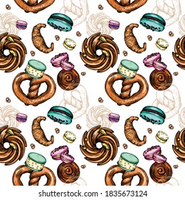 Seamless vector pattern. Illustration of doughnuts, pastries, cookies, croissants, muffins and homemade buns. Print for packaging, cover, menu, banner.