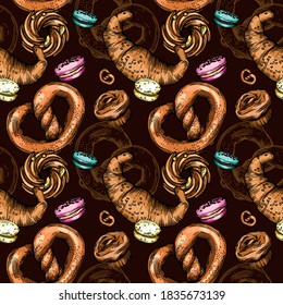 Seamless vector pattern. Illustration of doughnuts, pastries, cookies, croissants, muffins and homemade buns. Print for packaging, cover, menu, banner.