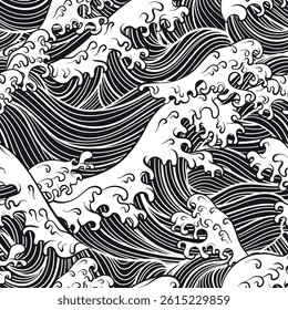A seamless vector pattern illustration featuring stylized ocean waves in dynamic black and white tones with foamy crests