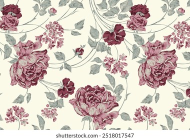 Seamless vector pattern illustration with flowers, leaves and buds of pink and burgundy peonies on a white background