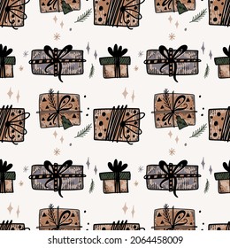 Seamless vector pattern. Illustration with gift boxes. Christmas and New Year texture. Winter background