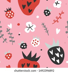 seamless vector pattern illustration with hand drawn strawberries, flowers  stylised, repeat folk background with handdrawn berry doodle elements. Endless texture, good for fabric or wrapping paper