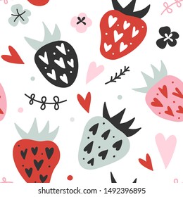 seamless vector pattern illustration with hand drawn strawberries, flowers  stylised, repeat folk background with handdrawn berry doodle elements. Endless texture, good for fabric or wrapping paper