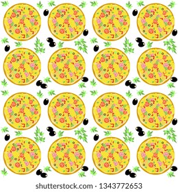 Seamless vector pattern with illustration of healthy fresh pizza with scattered herbs and olives. Appetizing cover, packaging and wrapping background.