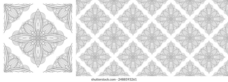 Seamless vector pattern illustration, line art, intricate hand-drawn mandala design with floral and swirling elements. Ideal for textiles, wallpapers, and coloring books. Isolated on white background