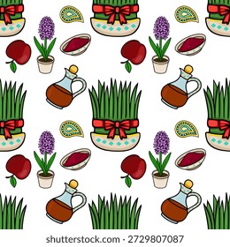 Seamless vector pattern illustration of Nowruz symbols, including sabzi, hyacinth, apples, sumac, and paisley motifs.