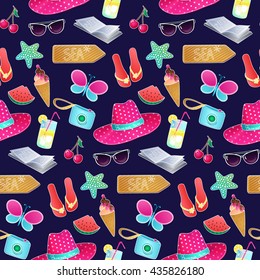 Seamless vector pattern. The illustration on the theme of  summer holidays. Repeat background with hat, butterfly, ice cream, camera, watermelon, cocktail glasses, cherry, starfish.