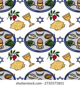 Seamless vector pattern illustration of Pesach Seder plate items and symbols