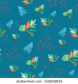 Seamless vector pattern with illustration of pine tree and leaves, red stars . Christmas Repeat background. Hand draw texture. For wallpaper, web design, childish style. Green, Orange, blue, colors