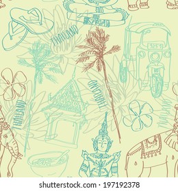 Seamless vector pattern. Illustration of vector set of Bangkok (Thailand) with temple, buddha, elephant and lotus 