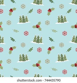 Seamless vector pattern illustration of snowy winter holiday scene with holly and Christmas trees and snowflakes