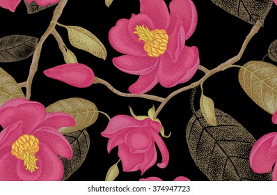 Seamless vector pattern. Illustration Victorian style. Vintage luxury decoration. Series floral design unique technique. Magnolia tree branch with flowers on black background.