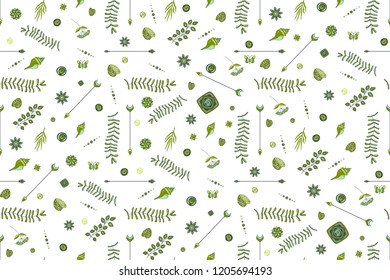 Seamless vector pattern with illustrations  of arrows and plant leaves. The theme of the summer and ocean. 