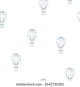 Padrão de vetor sem emenda com ilustrações de balões de ar quente. Fundo linear com aerostatos para papel de embrulho infantil, papel de parede de viveiro ou design têxtil do bebê. Descrever a formação de água-forte com dirigíveis.