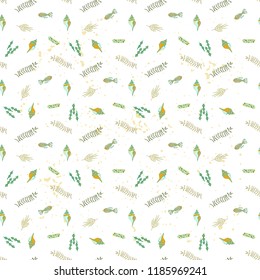 Seamless vector pattern with illustrations of plant leaves and fish. The theme of the summer and ocean. It can be used for packaging, invitations, postcard holiday, fabrics and etc.