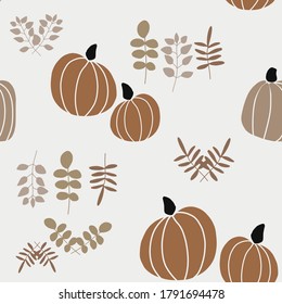 Seamless vector pattern with the image of autumn leaves, pumkins, nuts stylized in a flat style, Cozy and cute. Trendy colors of the autumn are perfect for scrapbooking paper, textile, fabric, card