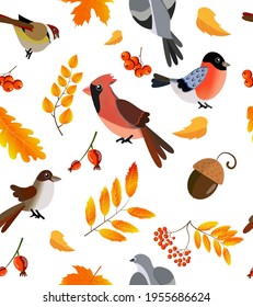 Seamless vector pattern with the image of autumn leaves and  birds stylized in a flat style. The colors of the autumn gamut are perfect for scrapbooking paper and as separate design elements.