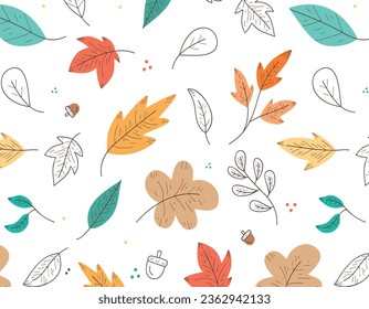 Nahtlose Vektormuster mit dem Bild von Herbstblättern stilisiert in einem flachen Stil. Die Farben des Herbstspiels eignen sich perfekt für die Scrapbooking Papier und als separate Design-Elemente.