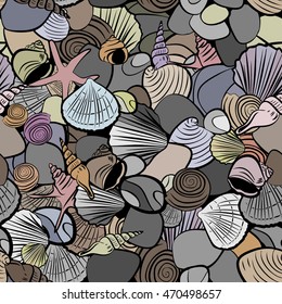 Seamless vector pattern with the image of the bottom of the water with shells and stones