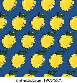 Seamless vector pattern. Vector image of a bright quince. Blue background