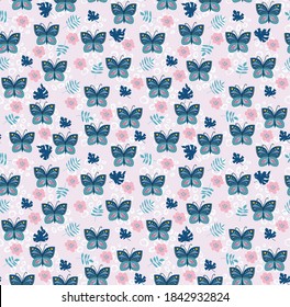 
Seamless vector pattern with the image of bright butterflies and floral elements. Trendy background and template for printing on children's fabrics. Hand drawn digital illustration